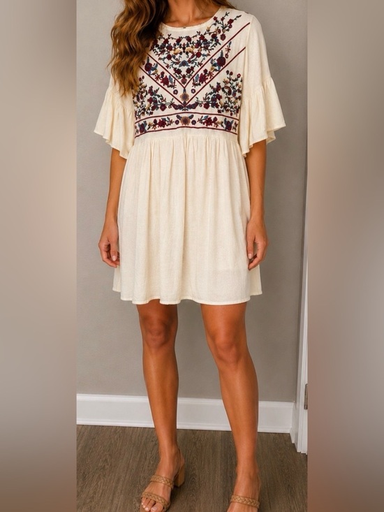 Umgee Dresses & Skirts - Umgee Embroidered Dress Cream Boho Cottagecore Gauze Flowy Mini Embroidery Midi